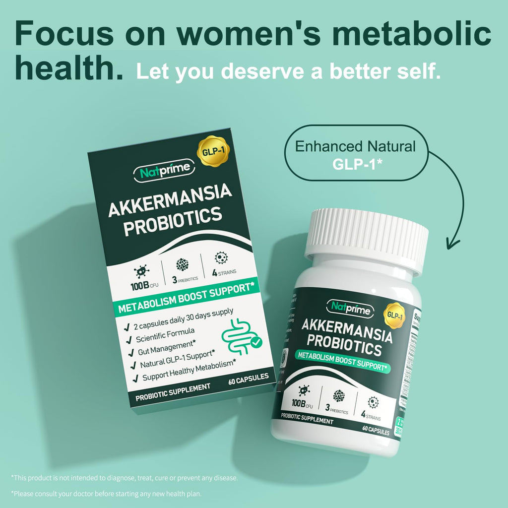 Natprime Akkermansia Probiotic GLP-1 Supplement – 100B CFU Akkermansia Muciniphila, Prebiotic Fiber, Metabolism & Gut Health | 60 Capsules