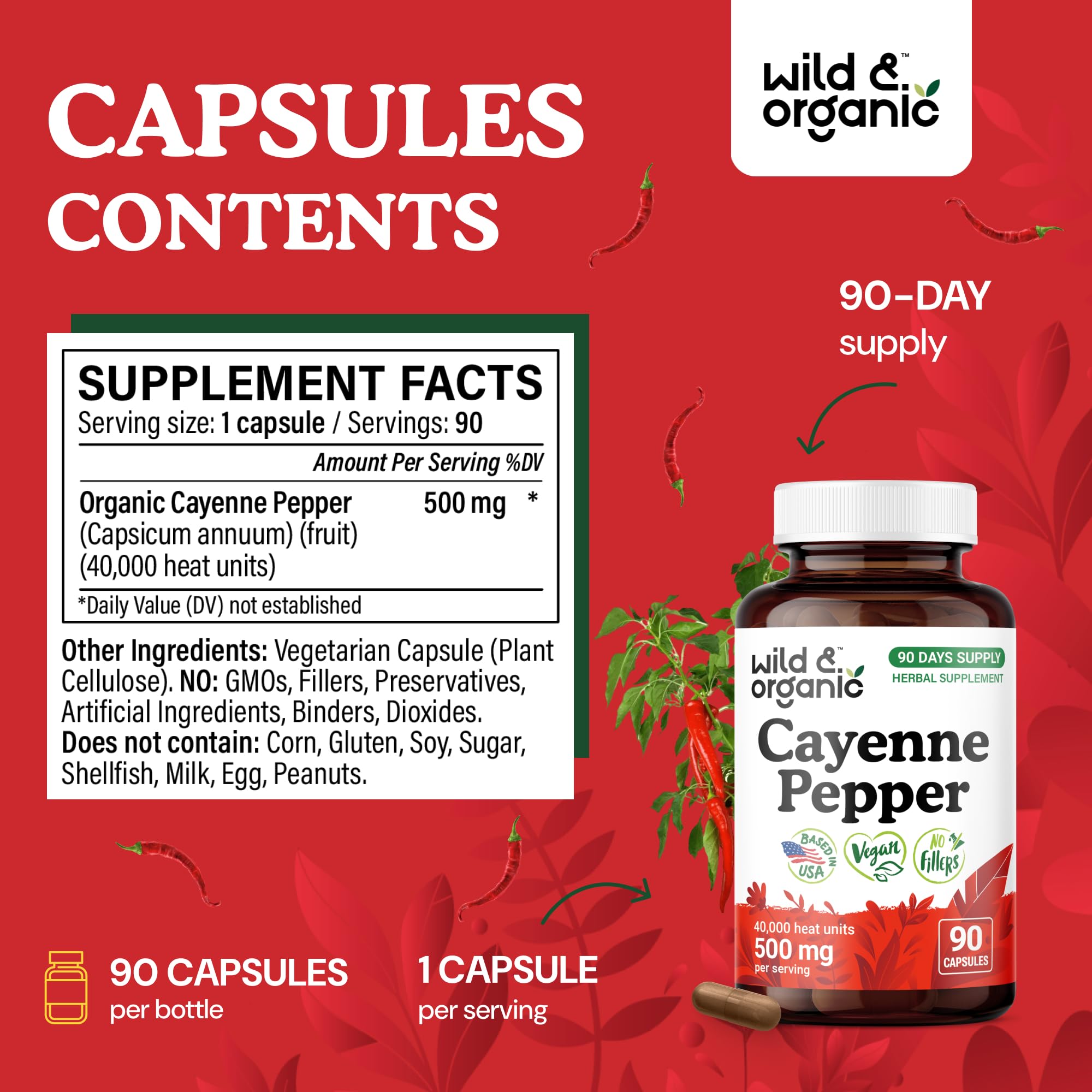 Wild & Organic Cayenne Pepper Capsules 500 mg - Digestive Support (Vegan, Non-GMO)