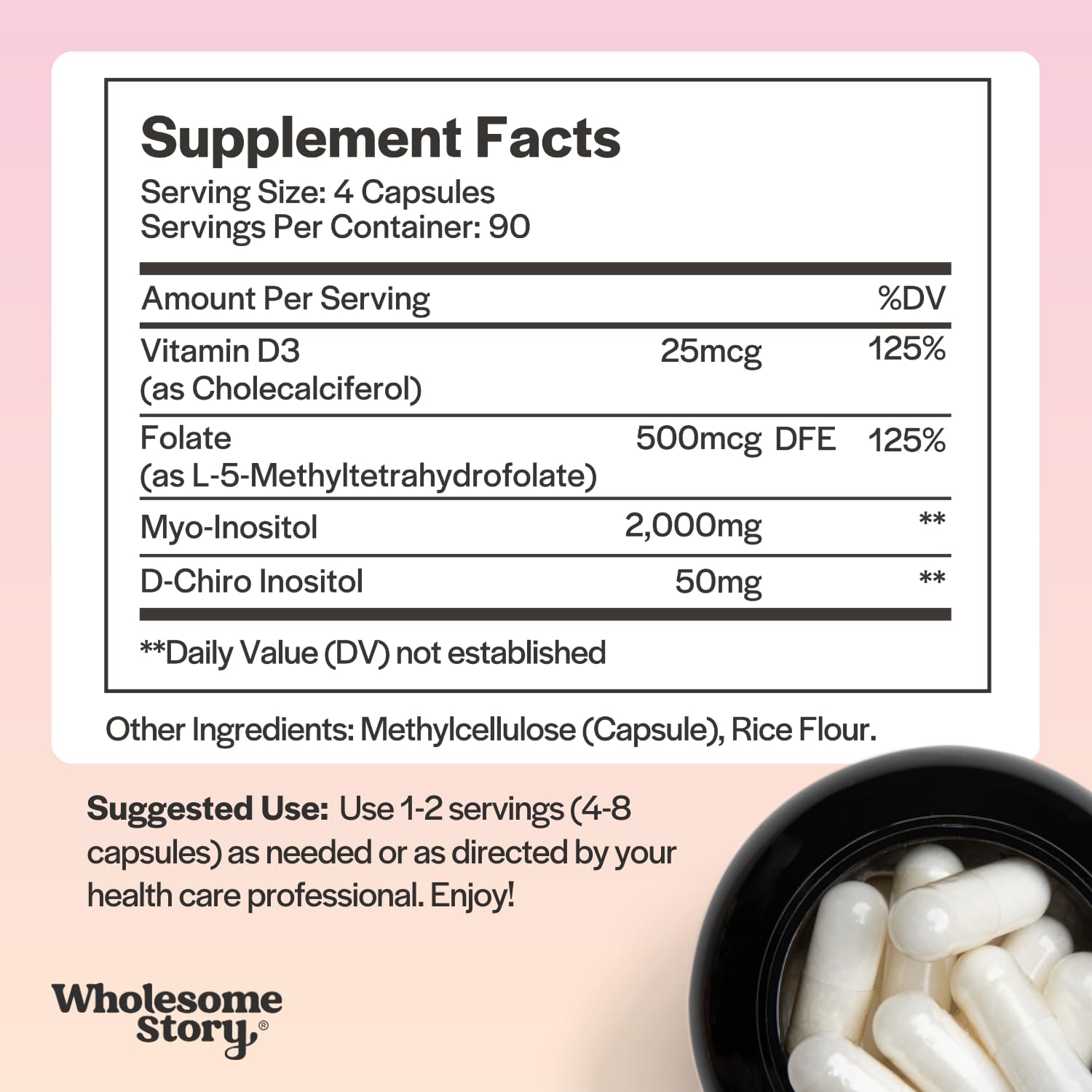 Wholesome Story Myo-Inositol & D-Chiro Inositol Capsules with MTHF Folate | Hormone Balance & Ovarian Support | Vitamin D3