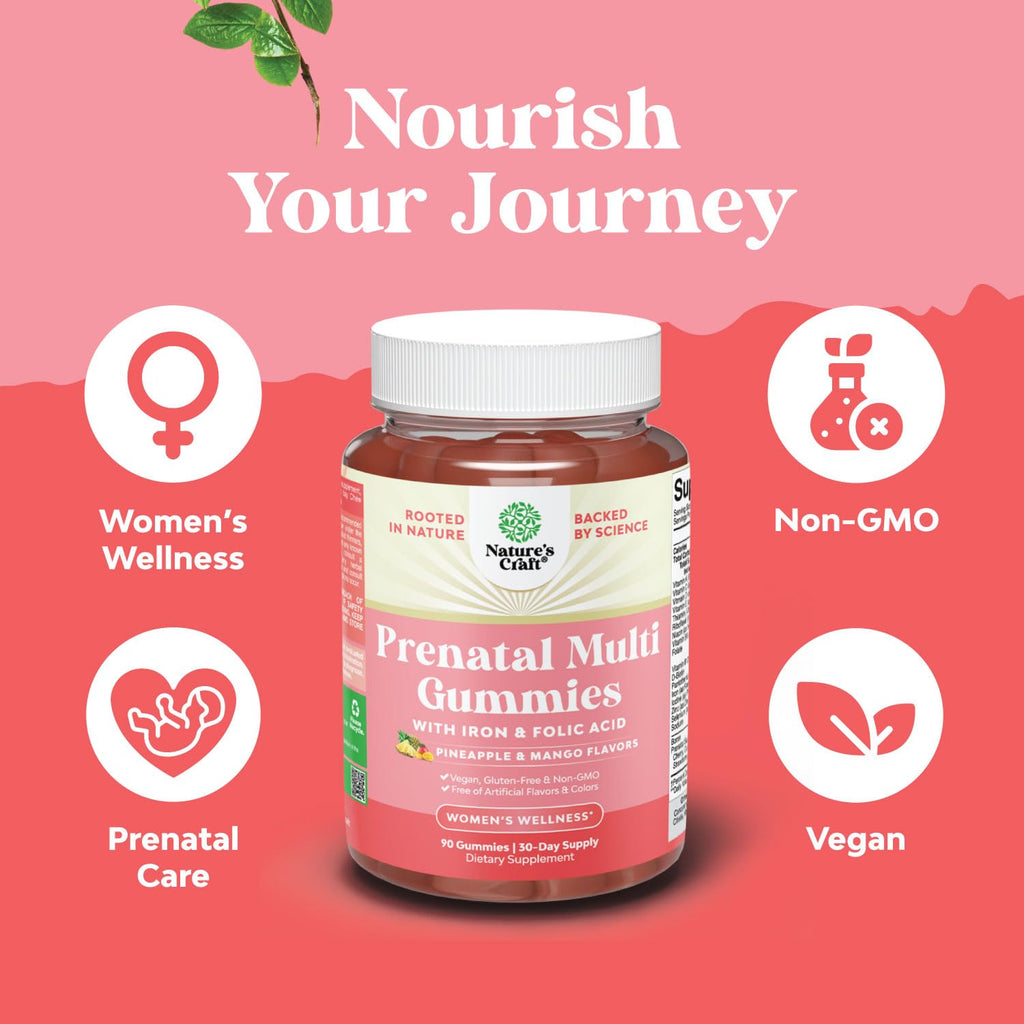 Vegan Prenatal Gummies for Women - Iron, Folate & Pineapple Mango (1 Month)