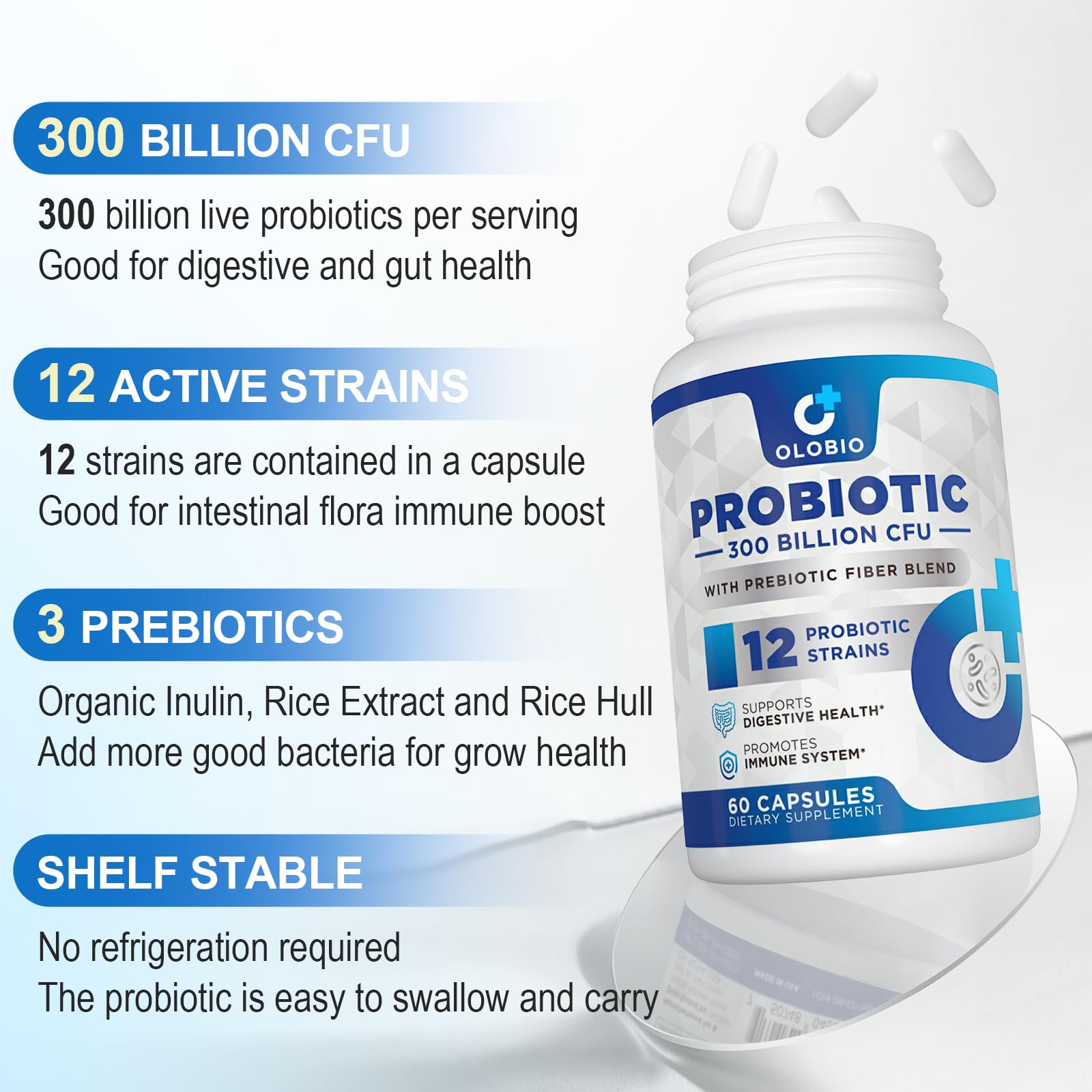 300 Billion CFU Probiotic with 12 Strains & 3 Organic Prebiotics – Daily Digestive & Immune Support, Vegan, Shelf-Stable, 120 Count