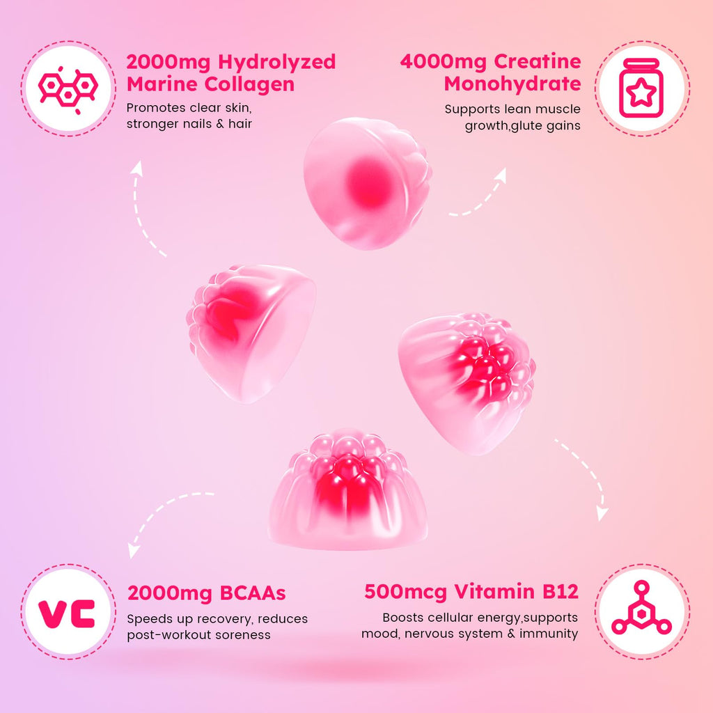 Creatine for Women Gummies – Monohydrate with Collagen, BCAAs & Vitamins (Sugar-Free, Vegan)