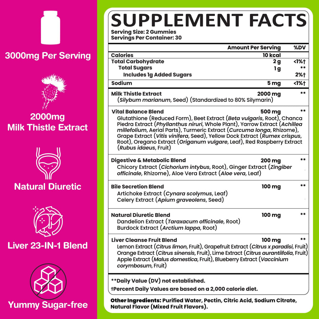 Liver Cleanse Detox Gummies – 2000mg Milk Thistle, 60 Gummies, 23-in-1