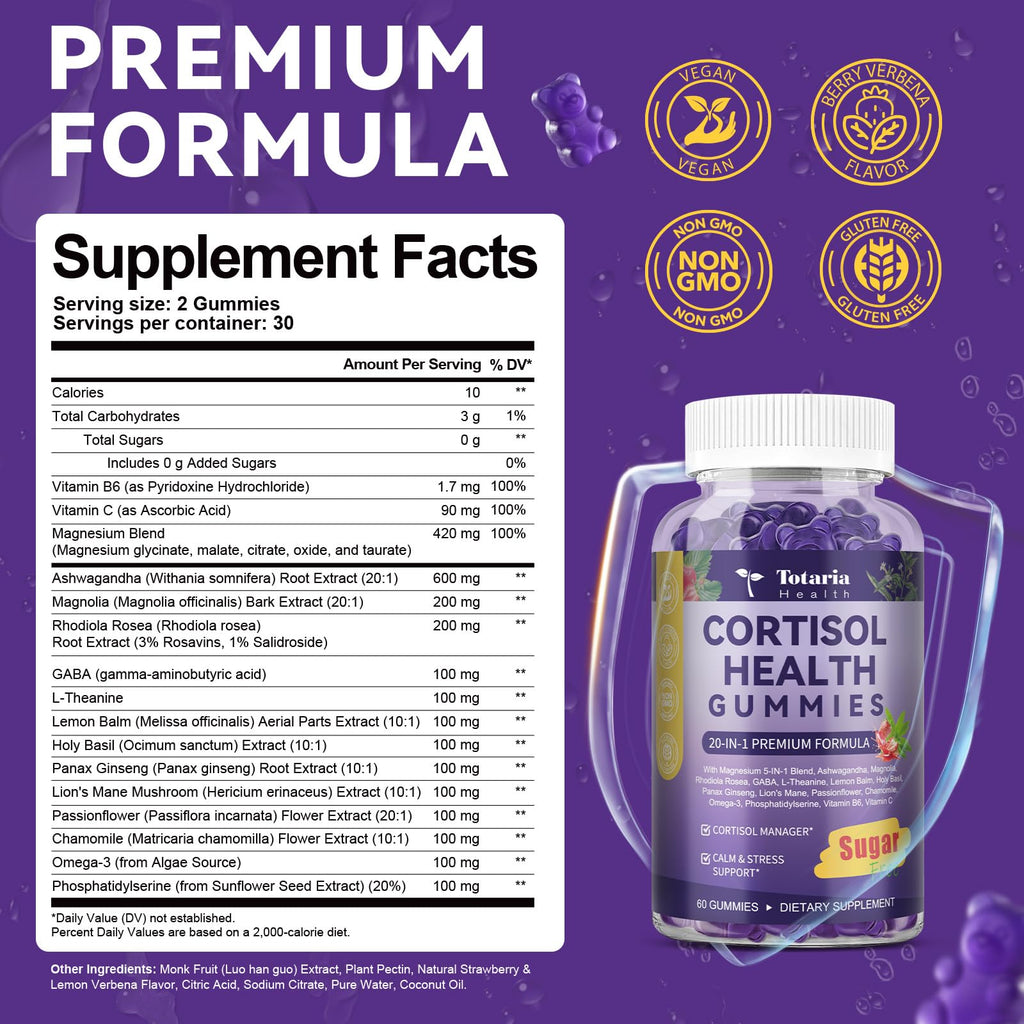 Cortisol Gummies 20-in-1 for Stress Support | Ashwagandha, Rhodiola, Magnesium
