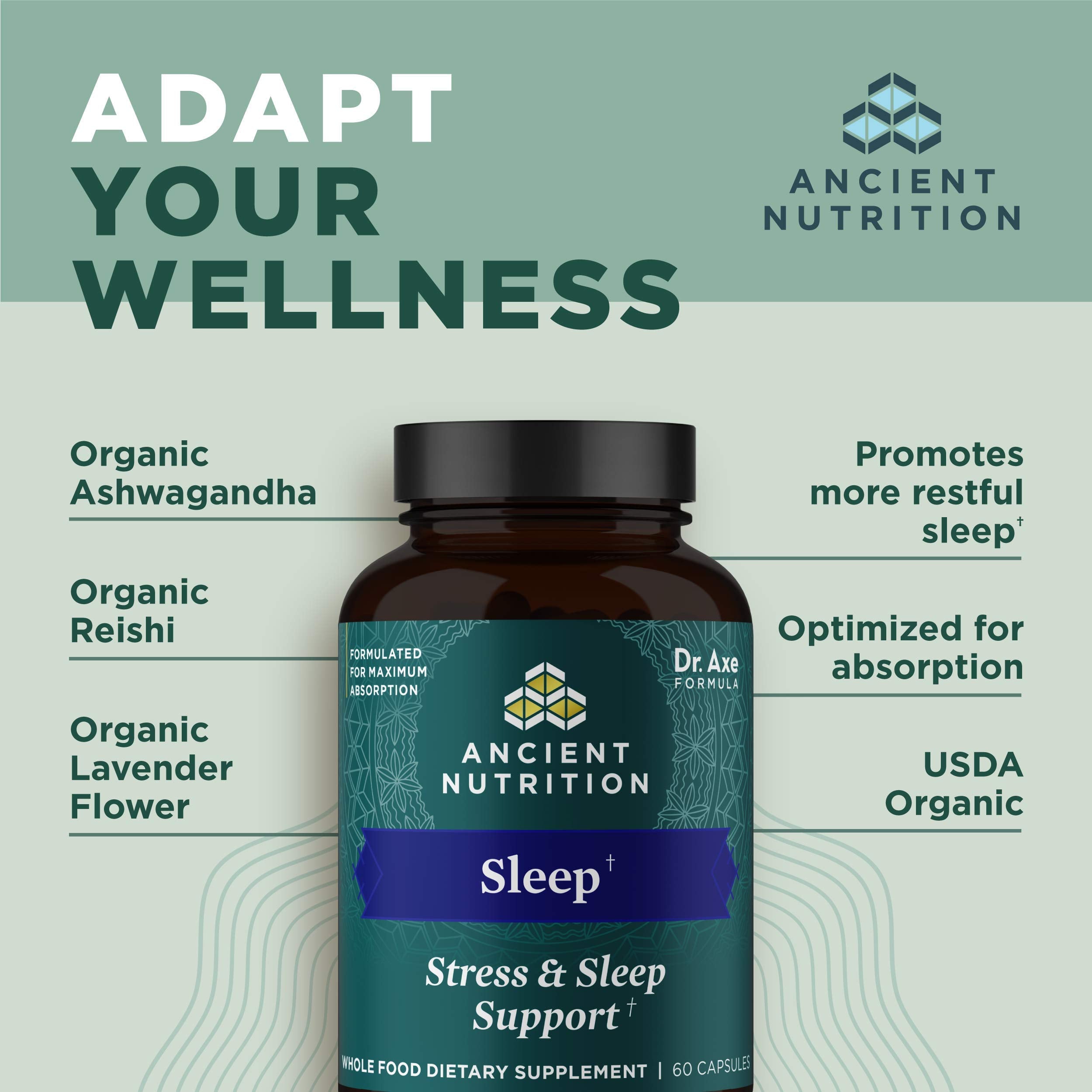 Ancient Nutrition Ashwagandha Sleep Support – Stress & Sleep, 60 Capsules | Gluten Free, Keto & Paleo