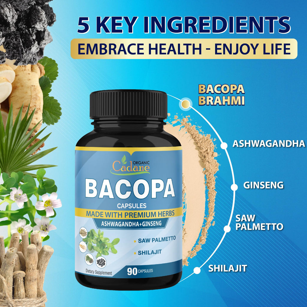 Organic Bacopa Monnieri Supplement with Ashwagandha, Ginseng, Saw Palmetto & Shilajit - 90 Capsules (3-Month Supply)