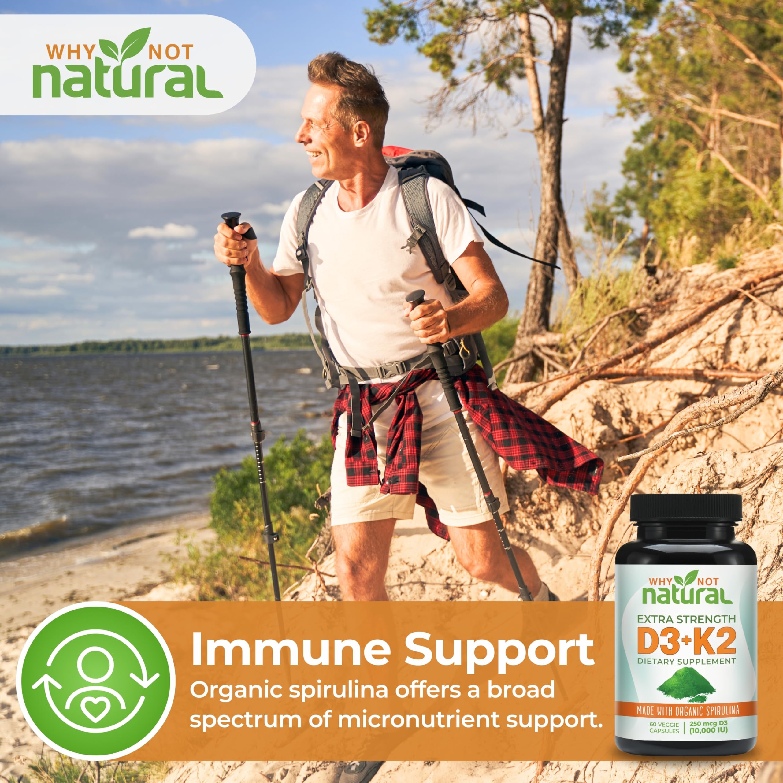 Vitamin D3 K2 (MK-7) with Organic Spirulina – 10,000 IU Veggie Capsules for Bone Health & Immunity