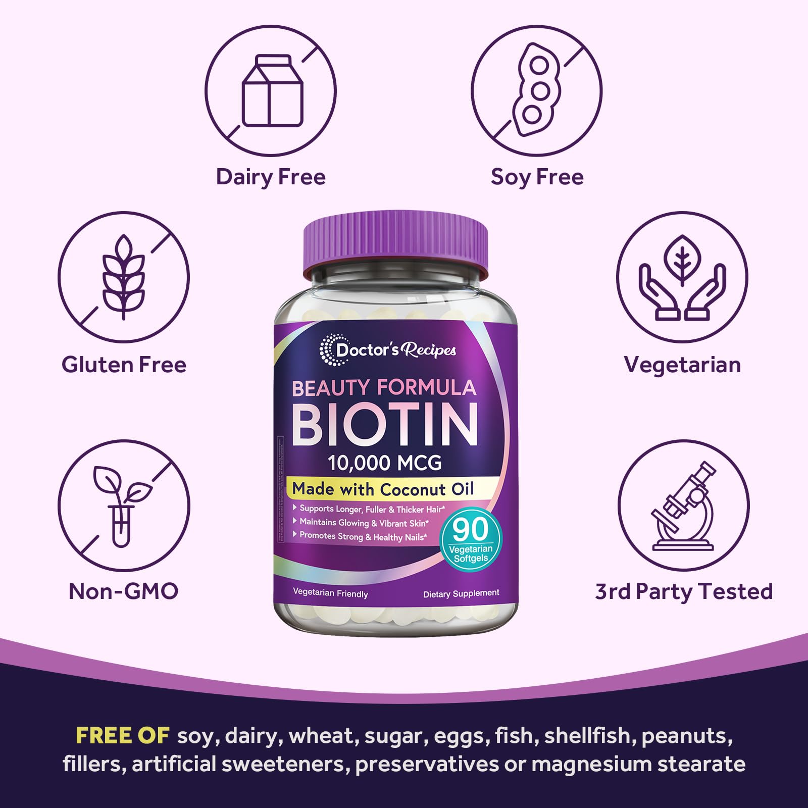 Doctor's Recipes Biotin 10,000 mcg – Hair, Skin & Nails | Vegetarian, Non-GMO