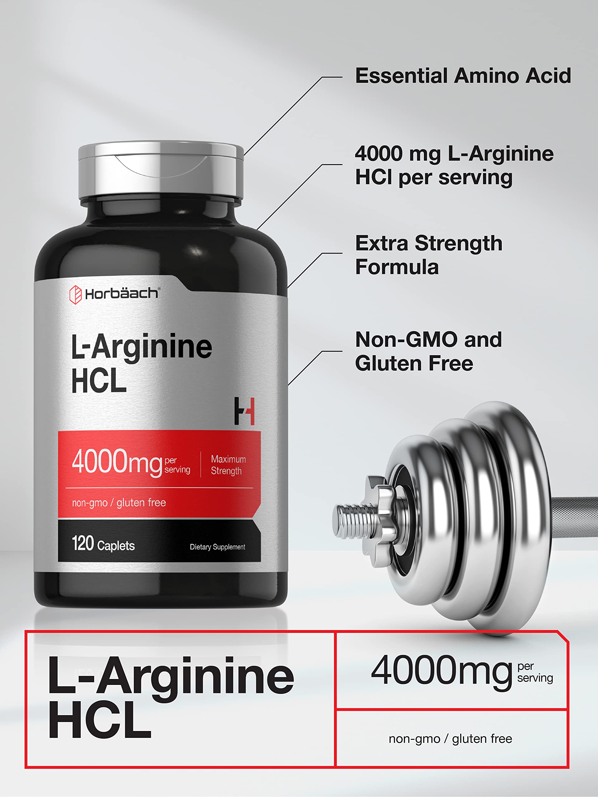 Horbäach L-Arginine 4000mg – 120 Caplets | Nitric Oxide Precursor for Men & Women | Vegetarian, Non-GMO, Gluten Free