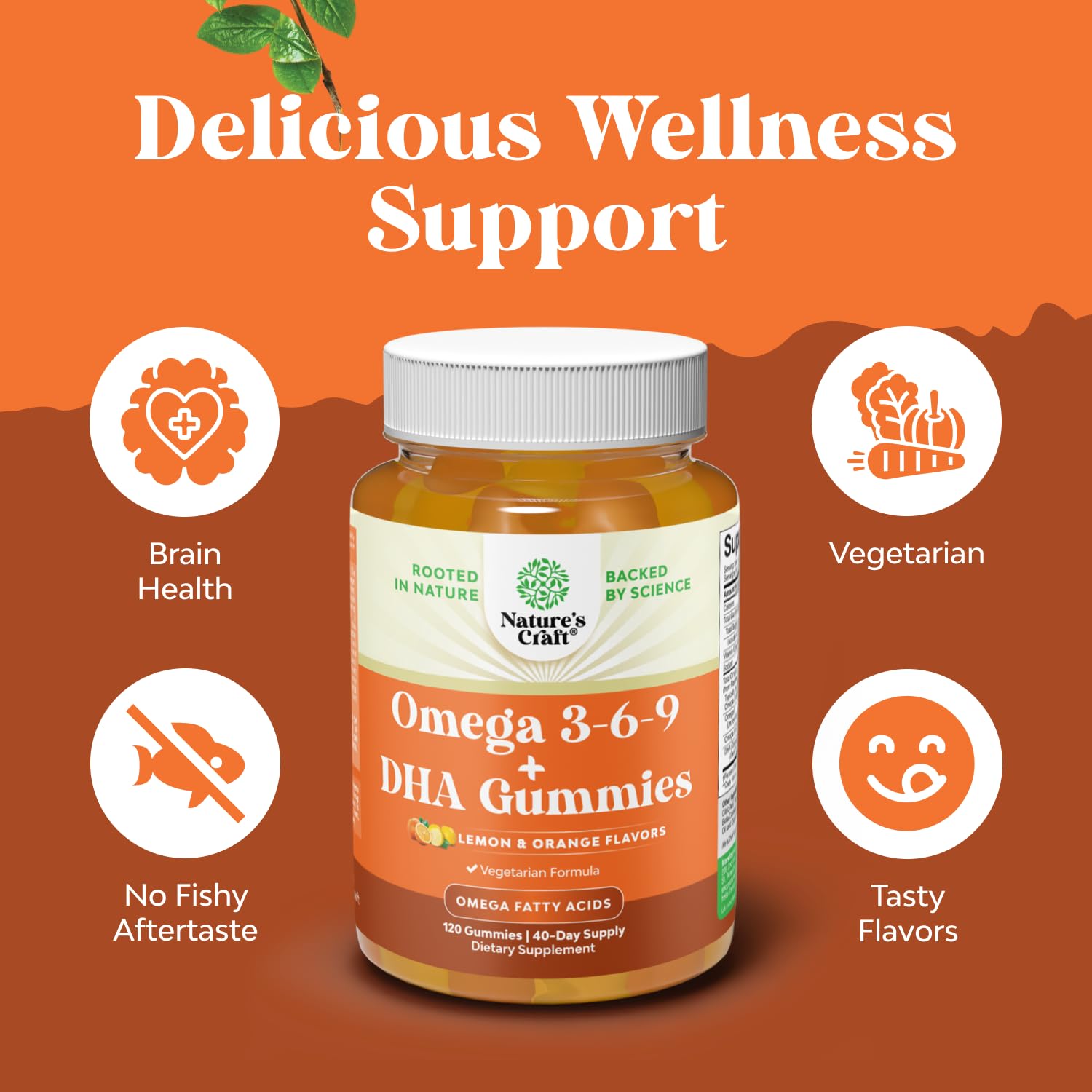 Vegetarian Omega 3-6-9 Gummies for Adults - Plant-Based DHA 3-6-9 | Burpless & Fish Free