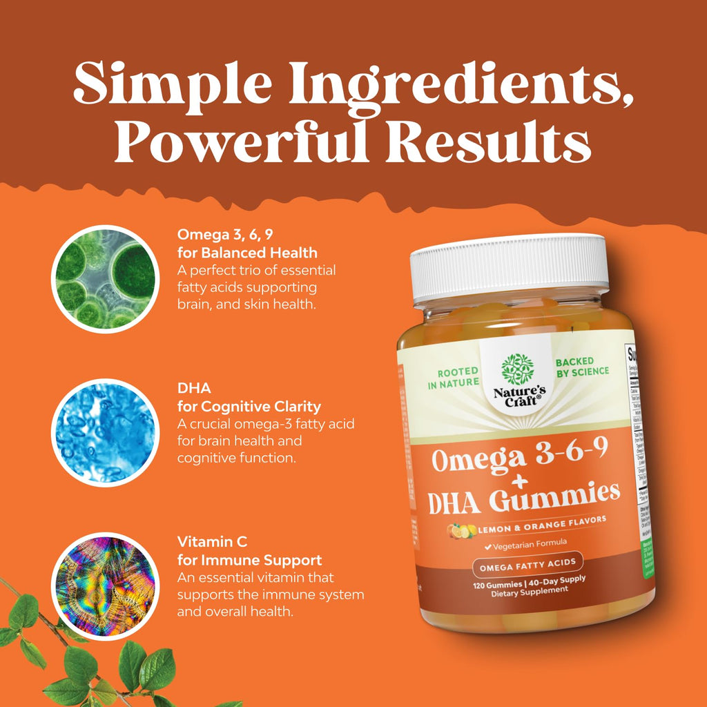 Vegetarian Omega 3-6-9 Gummies for Adults - Plant-Based DHA 3-6-9 | Burpless & Fish Free