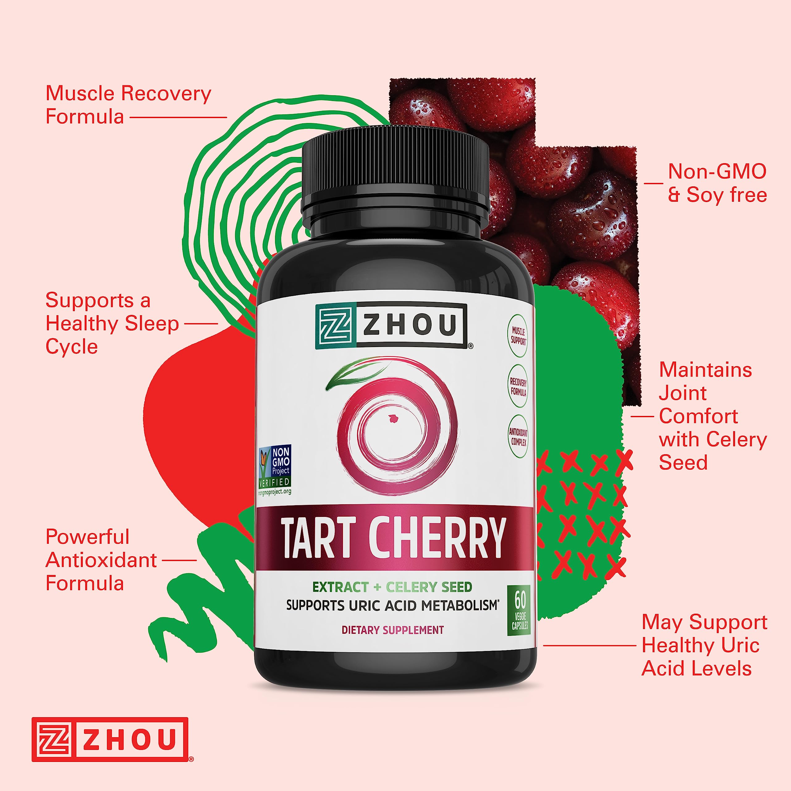 Zhou Tart Cherry + Celery Seed: 1000mg, Sleep & Joint Support | 60 Veggie Capsules