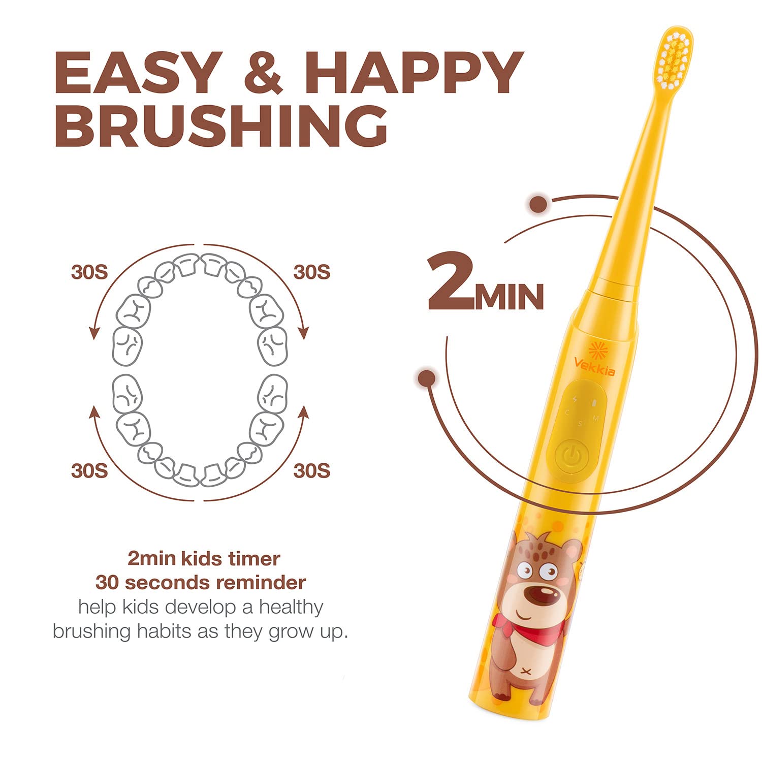 Vekkia Sonic Rechargeable Kids Electric Toothbrush – 3 Modes, IPX7 Waterproof, 24000 Strokes, 2-Min Timer