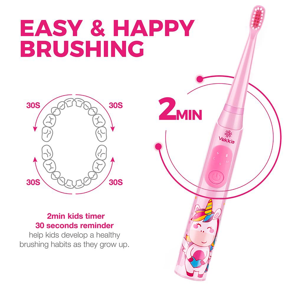 Vekkia Kids Sonic Toothbrush – 3 Modes, Memory, 2-Min Timer, Pink