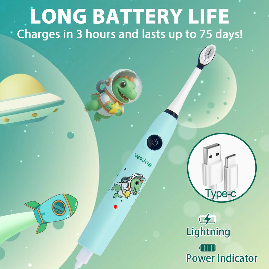 Vekkia Sonic Kids Electric Toothbrush 5-12+ | 2-Min Timer, 3 Modes, 35,000 VPM, IPX8