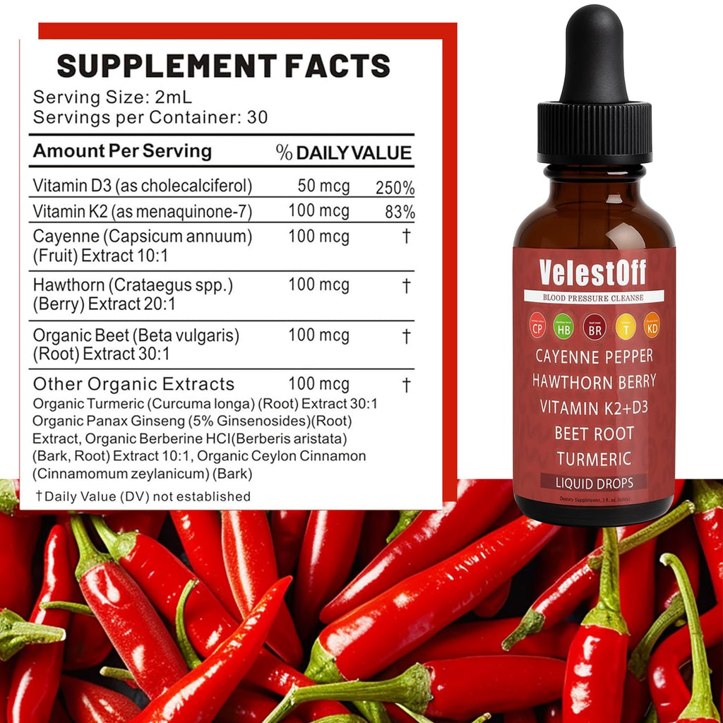 Velestoff Cayenne Pepper Drops – Organic Cayenne Pepper Liquid Supplement with Hawthorn, Beet Root, Turmeric, Vitamin K2+D3 & Berberine Extract | Improves Stamina & Boosts Energy