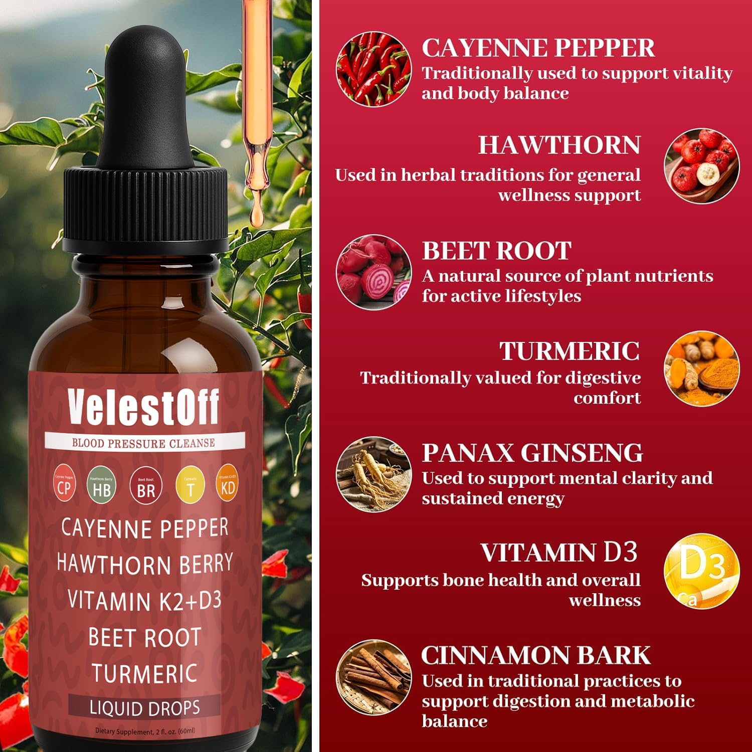 Velestoff Cayenne Pepper Drops - Liquid Supplement with Hawthorn, Beet Root, Turmeric, K2 D3