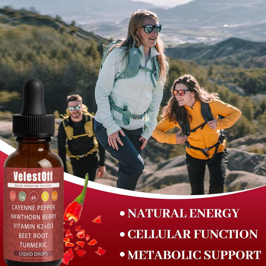 Velestoff Cayenne Pepper Drops - Liquid Supplement with Hawthorn, Beet Root, Turmeric, K2 D3