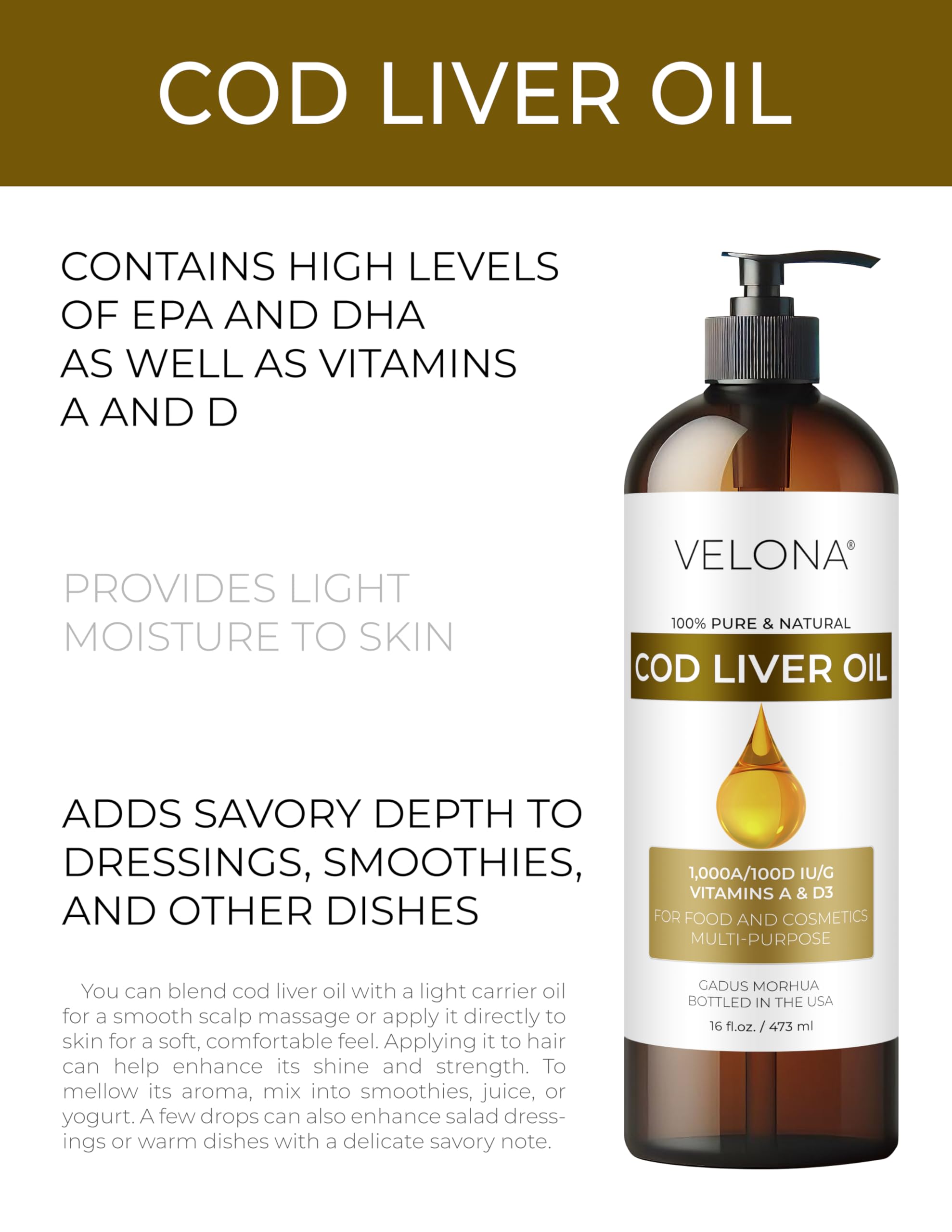 Velona Cod Liver Oil 16 oz | Omega-3 & Vitamins A & D3 | Arctic Norwegian