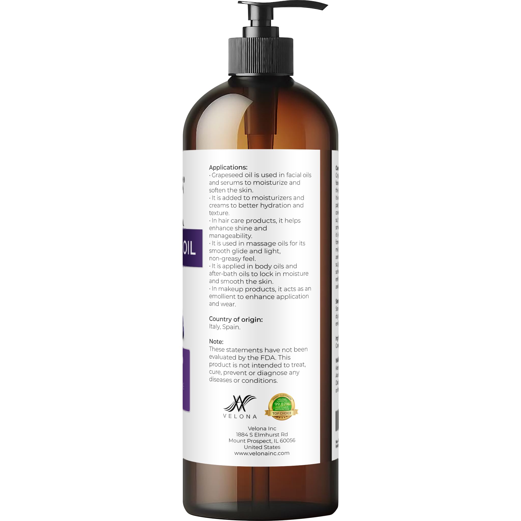 Velona Grapeseed Oil 16 oz - 100% Pure Carrier Oil (Refined)