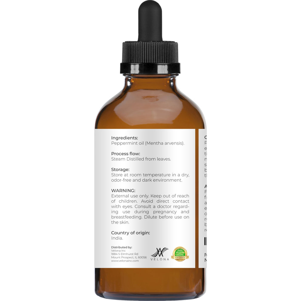 Velona Peppermint Essential Oil 4 Fl Oz – Therapeutic Grade, Undiluted, for Aromatherapy, Massage, Skincare, Haircare, Soapmaking