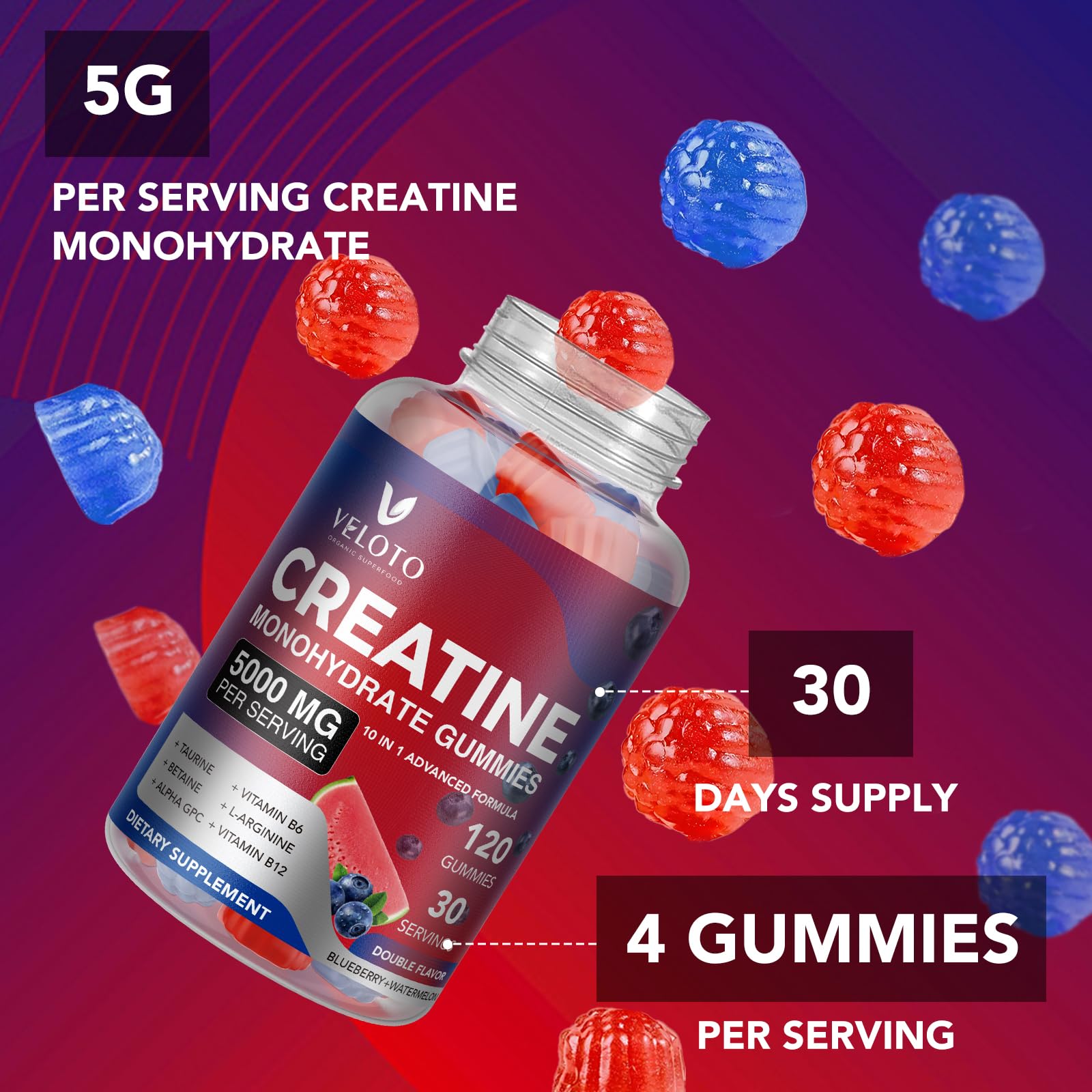 VELOTO Creatine Monohydrate Gummies 5g – 120 Count, 10-in-1 Pre-Workout