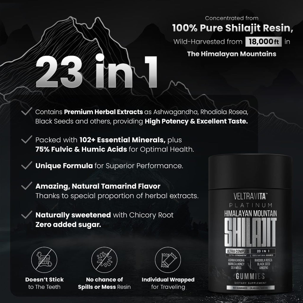 VeltraVita 28000 mg 23-in-1 Shilajit Gummies for Men – Lab-Tested, Sugar-Free