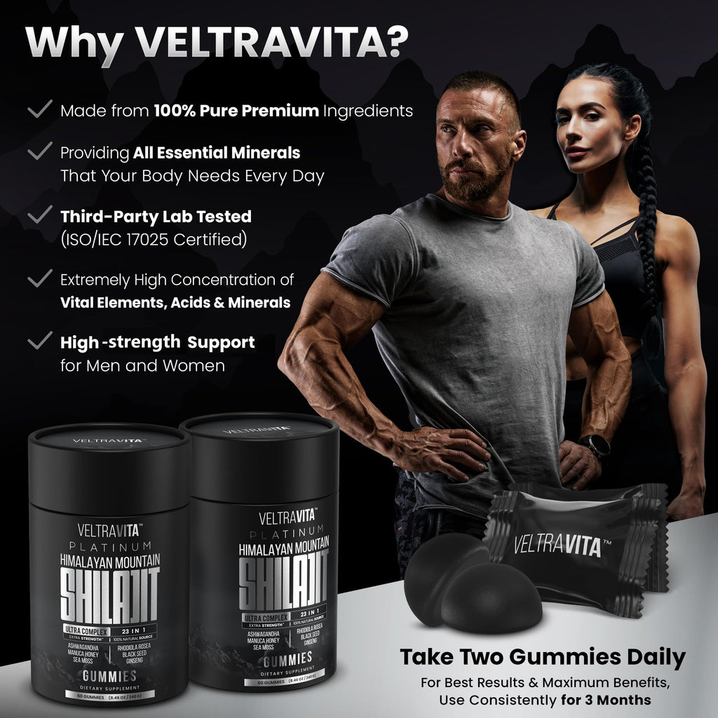 VeltraVita 28000 mg 23-in-1 Shilajit Gummies for Men – Lab-Tested, Sugar-Free