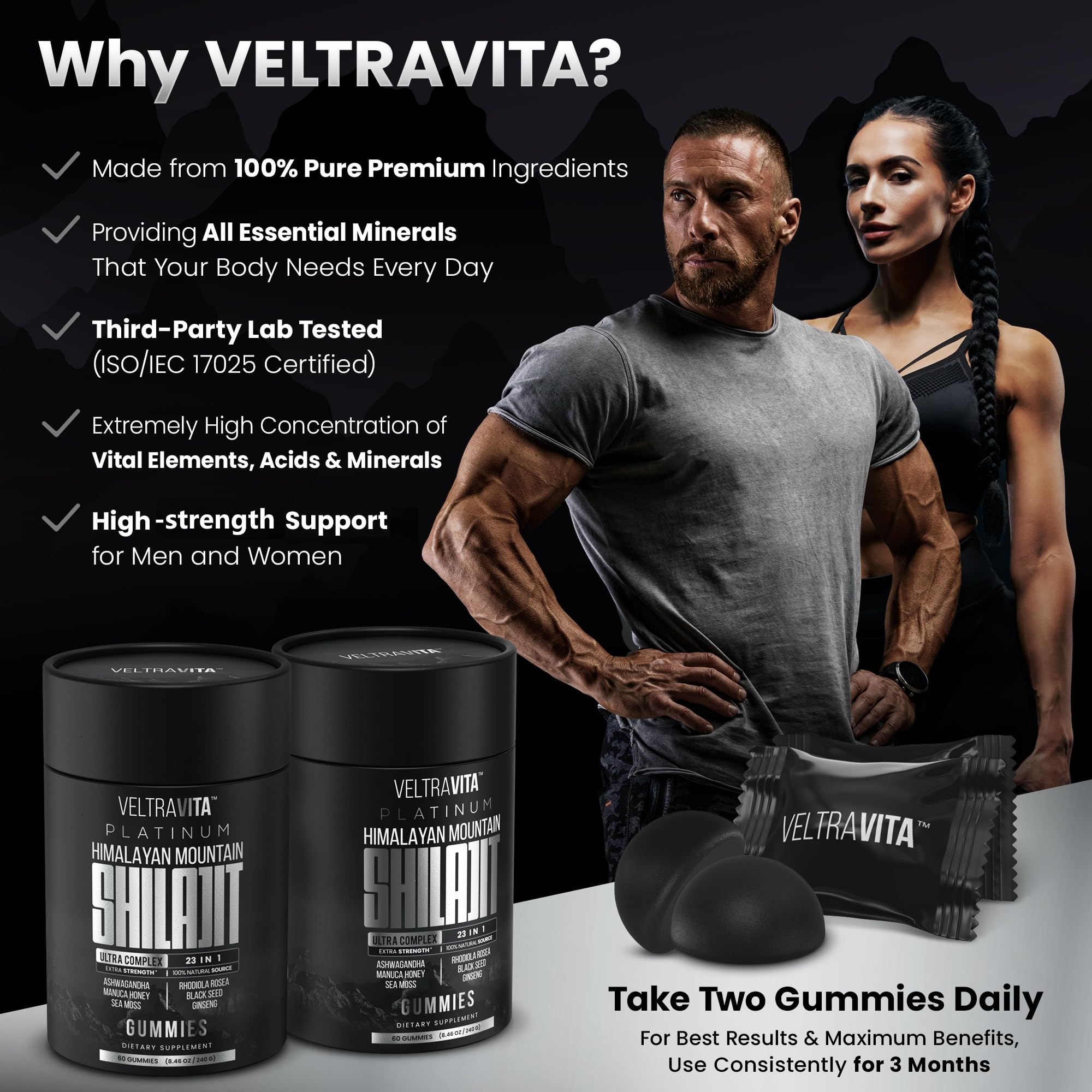 VeltraVita 28000 mg 23-in-1 Shilajit Gummies for Men – Lab-Tested, Sugar-Free