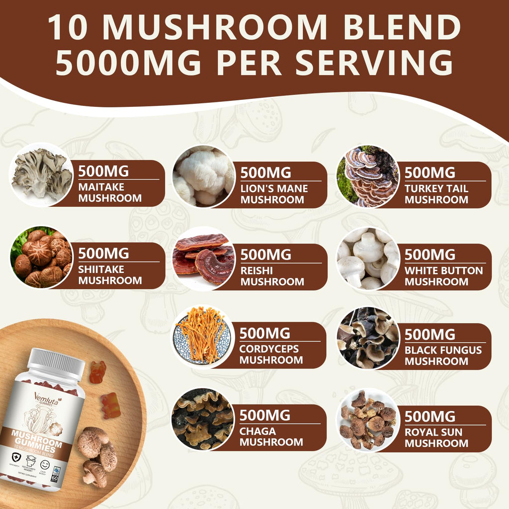 Vemluta 2 Packs 5000MG Mushroom Gummies – 10-Mushroom Blend with Lion's Mane & Reishi for Brain & Immune Support, Blueberry Flavor, Non-GMO, 120 Counts