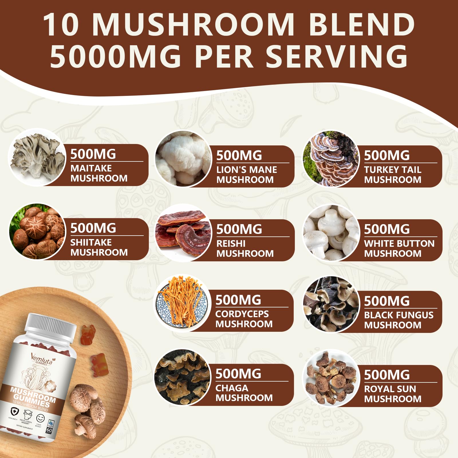 Vemluta 2 Packs 5000MG Mushroom Gummies – 10-Mushroom Blend with Lion's Mane & Reishi for Brain & Immune Support, Blueberry Flavor, Non-GMO, 120 Counts