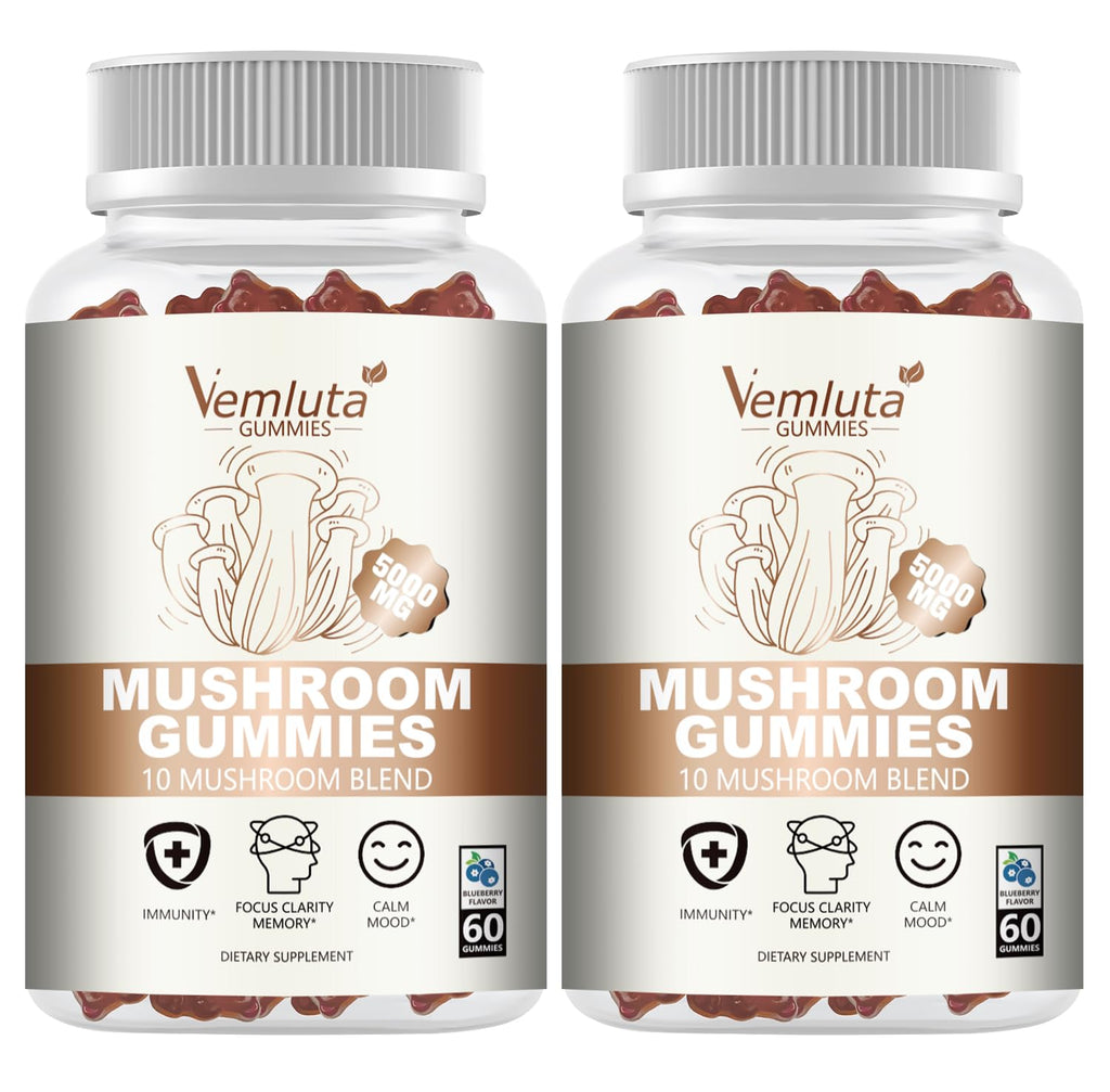 Vemluta 2 Packs 5000MG Mushroom Gummies – 10-Mushroom Blend with Lion's Mane & Reishi for Brain & Immune Support, Blueberry Flavor, Non-GMO, 120 Counts