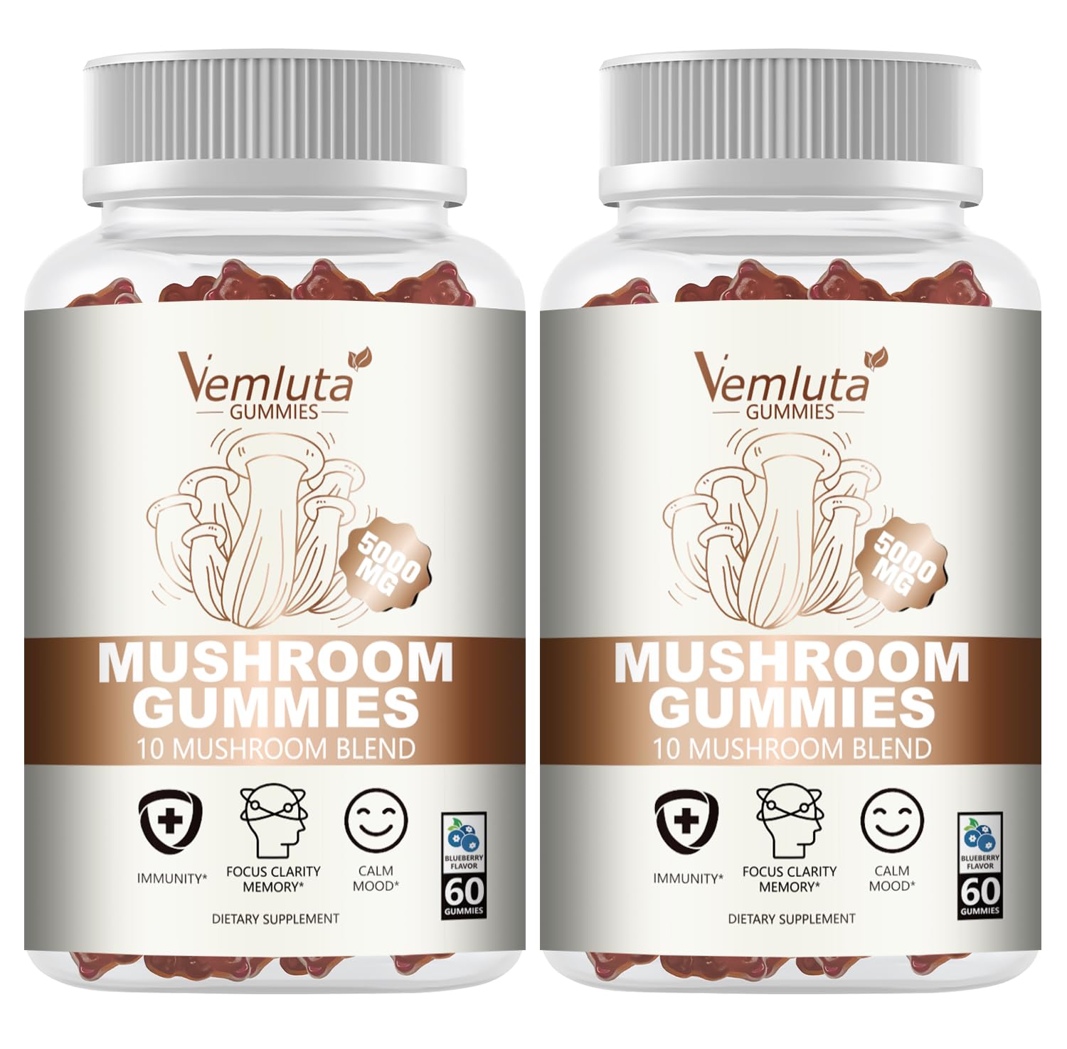 Vemluta 2 Packs 5000MG Mushroom Gummies – 10-Mushroom Blend with Lion's Mane & Reishi for Brain & Immune Support, Blueberry Flavor, Non-GMO, 120 Counts