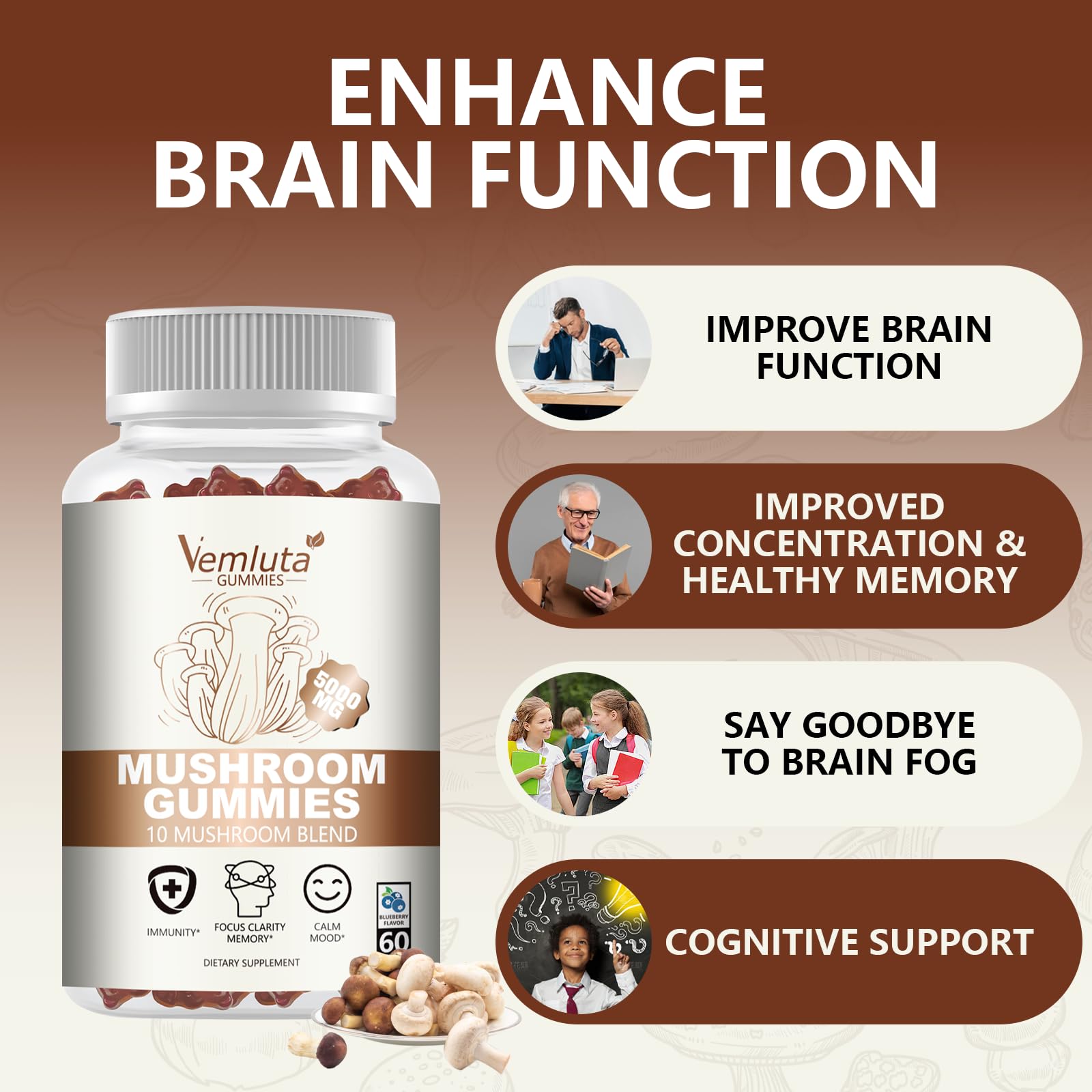 Vemluta 2 Packs 5000MG Mushroom Gummies – 10-Mushroom Blend with Lion's Mane & Reishi for Brain & Immune Support, Blueberry Flavor, Non-GMO, 120 Counts