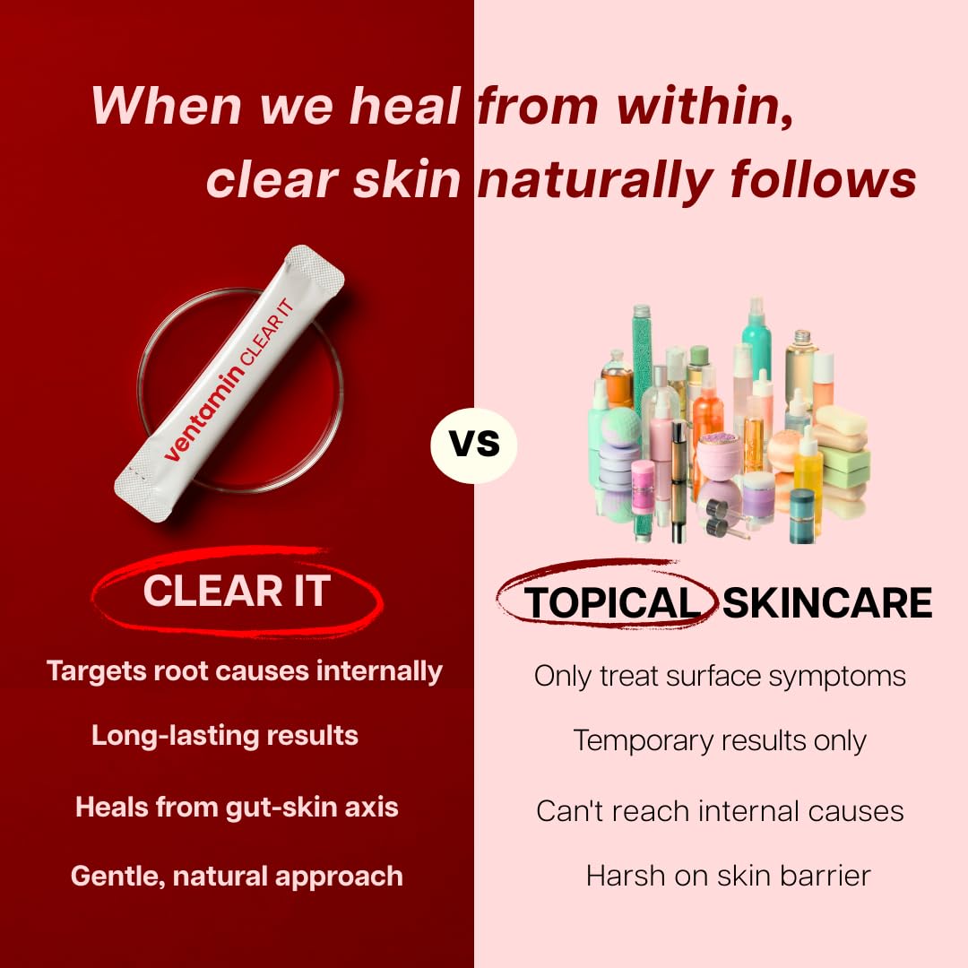 Ventamin Clear It Acne Supplement – Skin Detox with Probiotics, Zinc, Magnesium + 20 Actives (30 Sachets per Box)