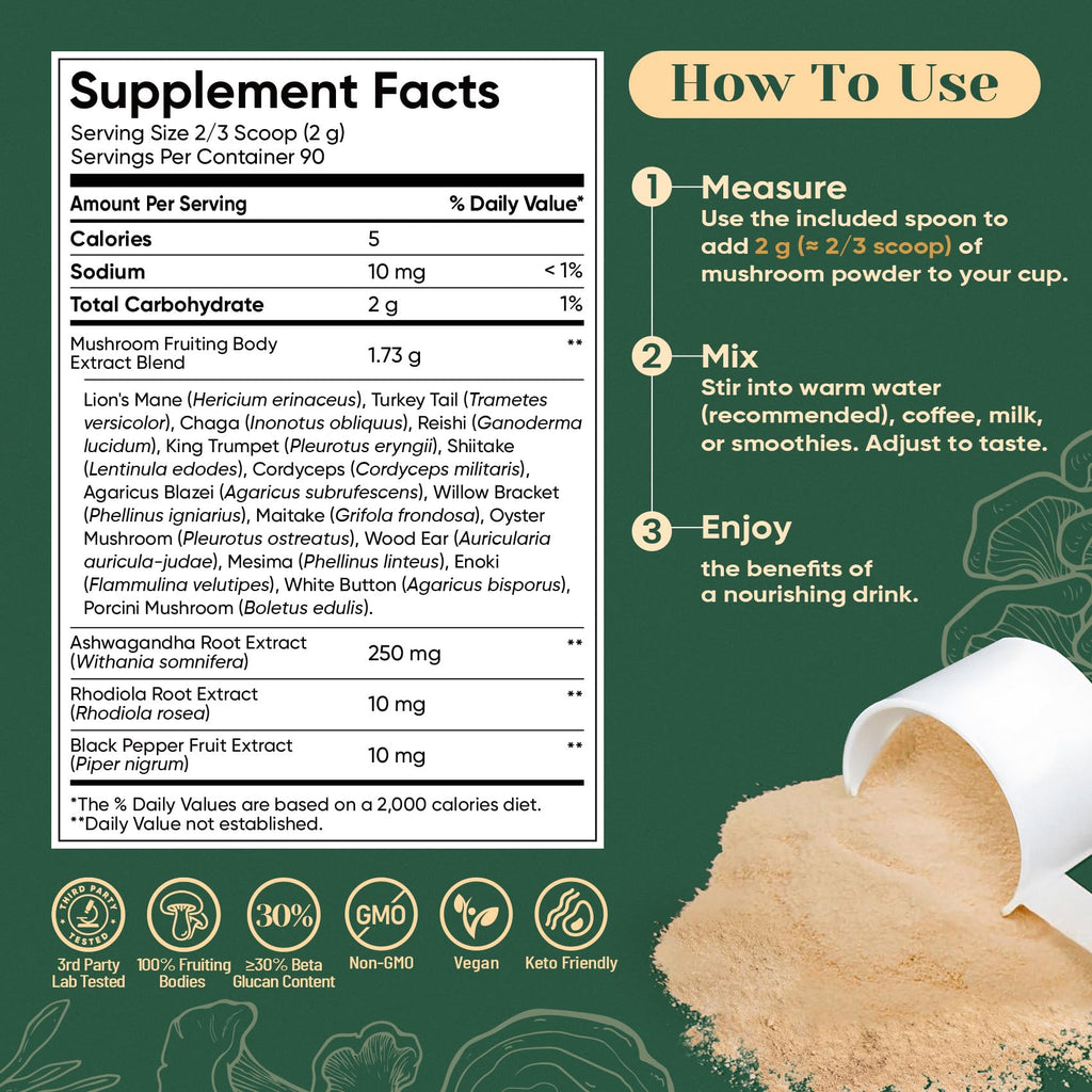 Venture Pal 16 in 1 Mushroom Powder – 90 Servings, 10:1 Extract, 100% Fruiting Bodies