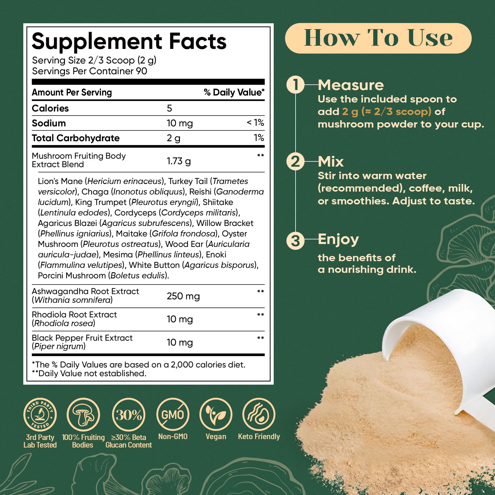 Venture Pal 16 in 1 Mushroom Powder – 90 Servings, 10:1 Extract, 100% Fruiting Bodies