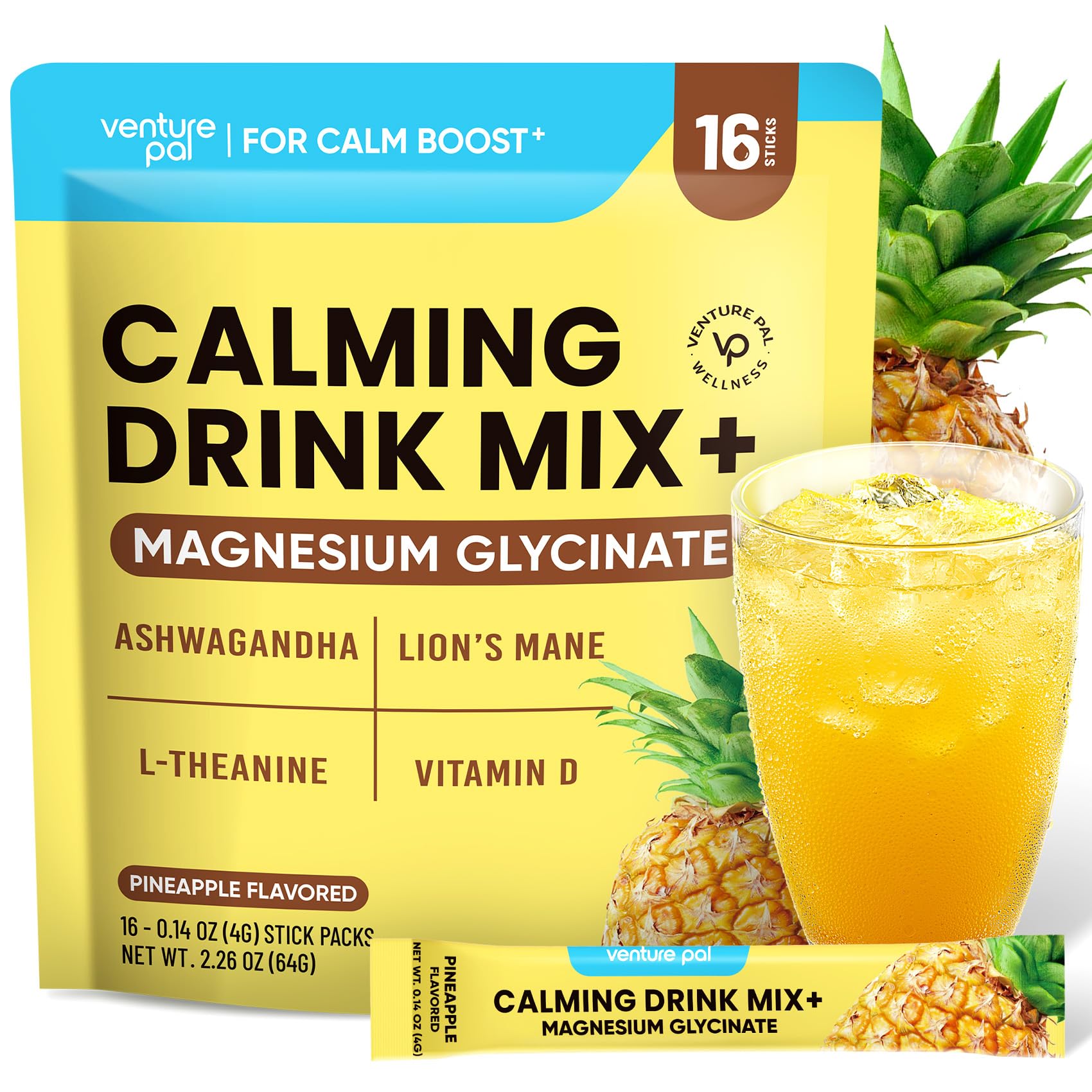 Venture Pal Calming Magnesium Glycinate Drink Mix with L-Theanine, Ashwagandha, Lion's Mane – Sugar Free & Vegan