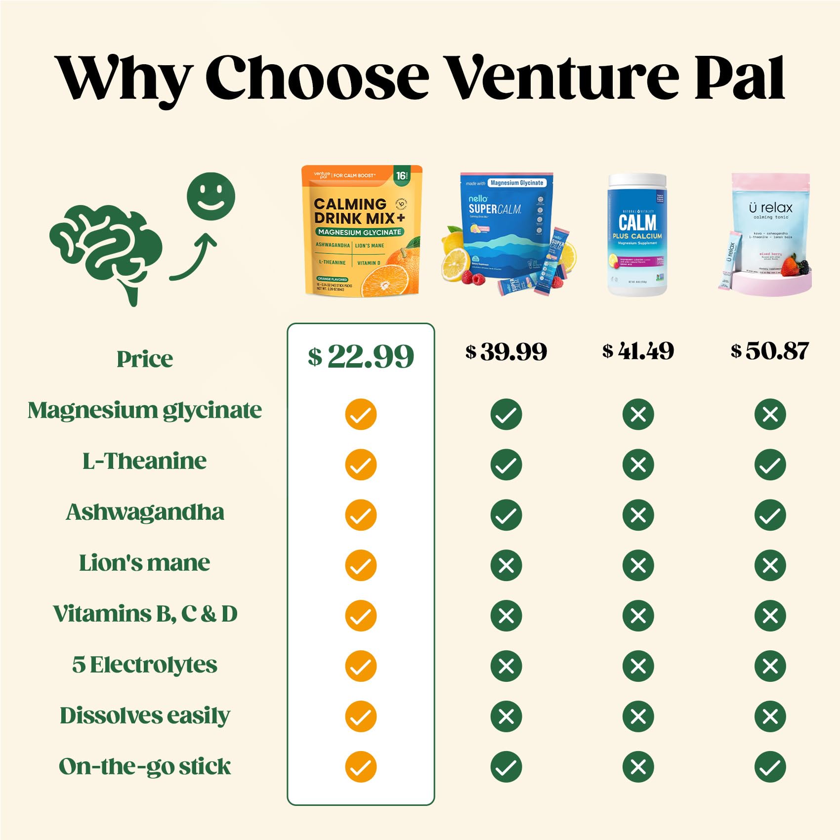 Venture Pal Calming Magnesium Glycinate Drink Mix – Sugar Free, Vegan, On-The-Go