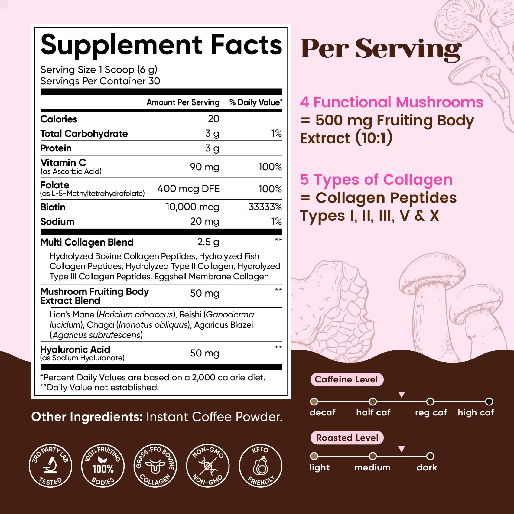 Venture Pal Premium Adaptogenic Mushroom Coffee with Multi Collagen – Lions Mane, Reishi, Chaga | 30 Servings