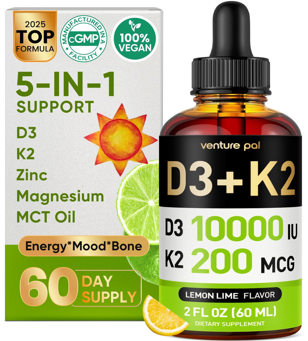 Venture Pal 5-in-1 Vitamin D3 10,000 IU & K2 MK-7 200 mcg | Magnesium, MCT Oil, Zinc | Sugar-Free Vitamin D Liquid (2 fl oz, 60 days) | Maximum Absorption