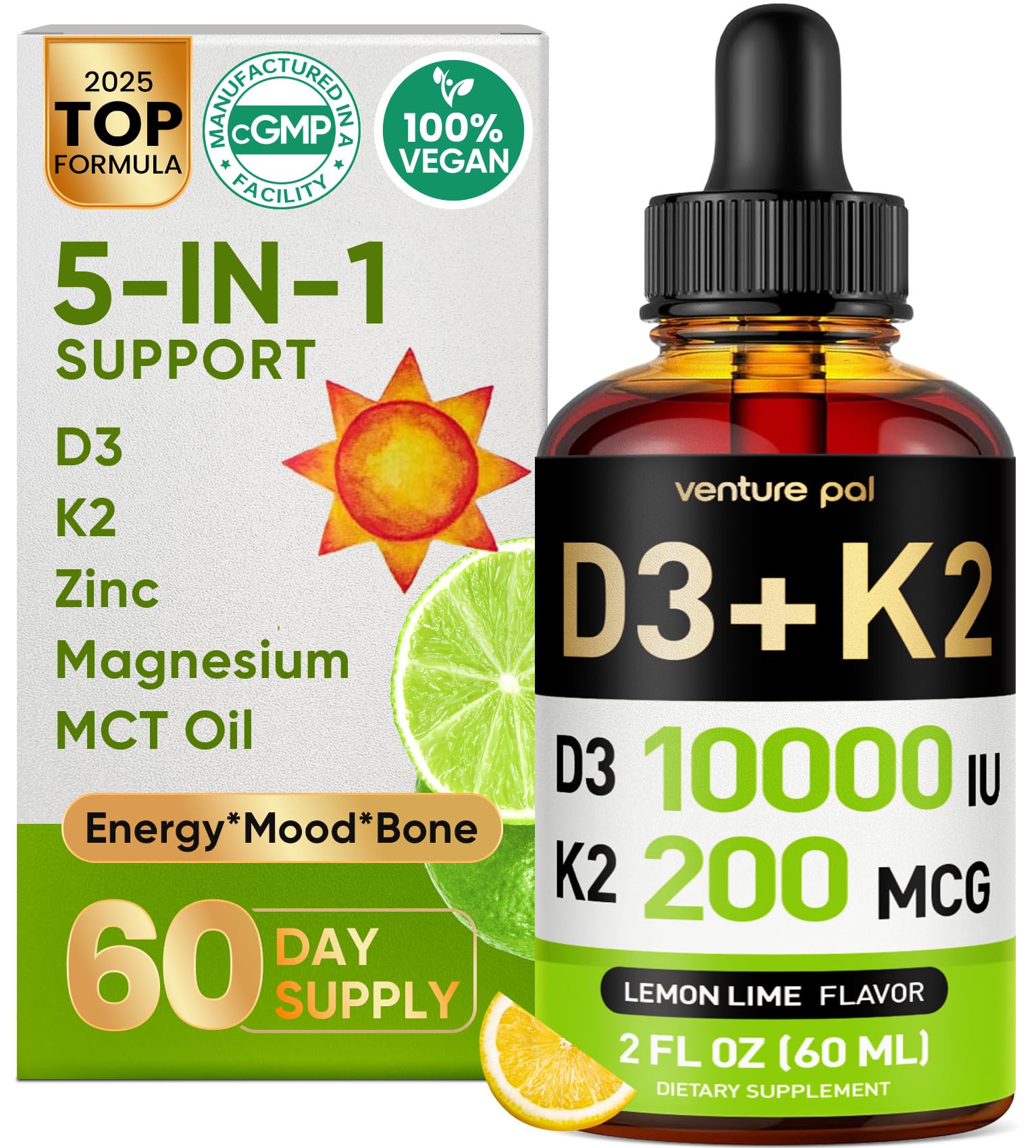 Venture Pal 5-in-1 Vitamin D3 10,000 IU & K2 MK-7 200 mcg | Magnesium, MCT Oil, Zinc | Sugar-Free Vitamin D Liquid (2 fl oz, 60 days) | Maximum Absorption