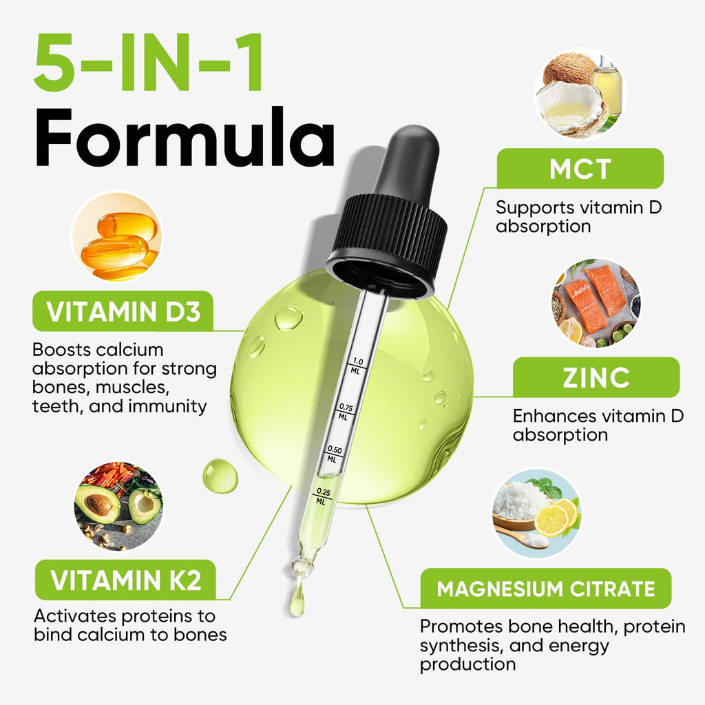 Venture Pal 5-in-1 Vitamin D3 10,000 IU & K2 MK-7 200 mcg | Magnesium, MCT Oil, Zinc | Sugar-Free Vitamin D Liquid (2 fl oz, 60 days) | Maximum Absorption