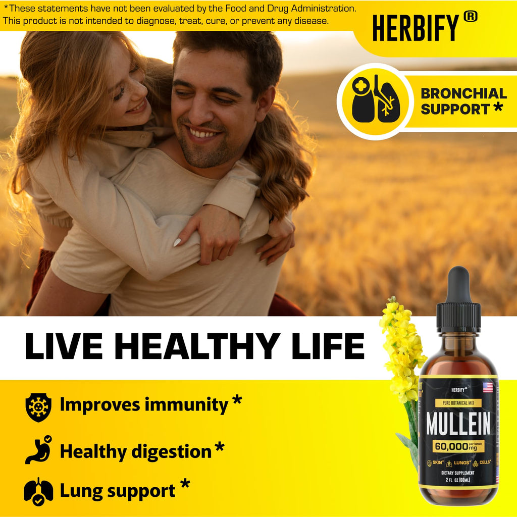 HERBIFY Mullein Extract 2 oz Tincture for Respiratory Health – Mullein Leaf & Flowers Blend