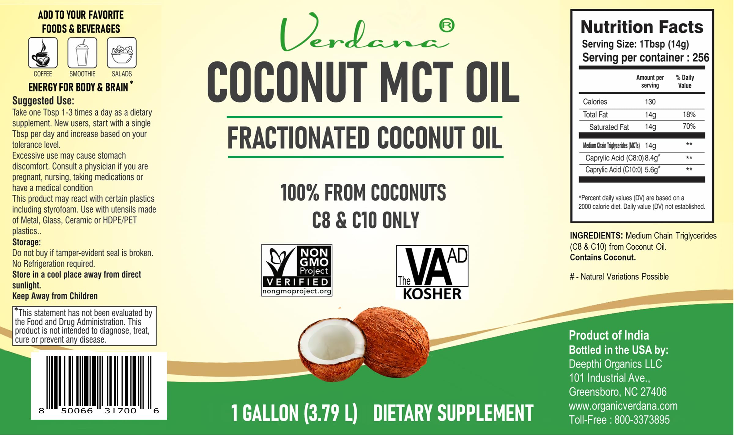 Verdana Coconut MCT Oil 1 Gallon – 100% Coconut, Keto Coffee & More