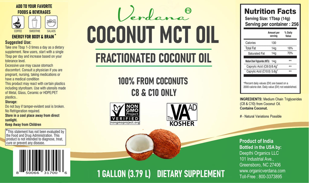 Verdana Coconut MCT Oil 1 Gallon – 100% Coconut, Keto Coffee & More