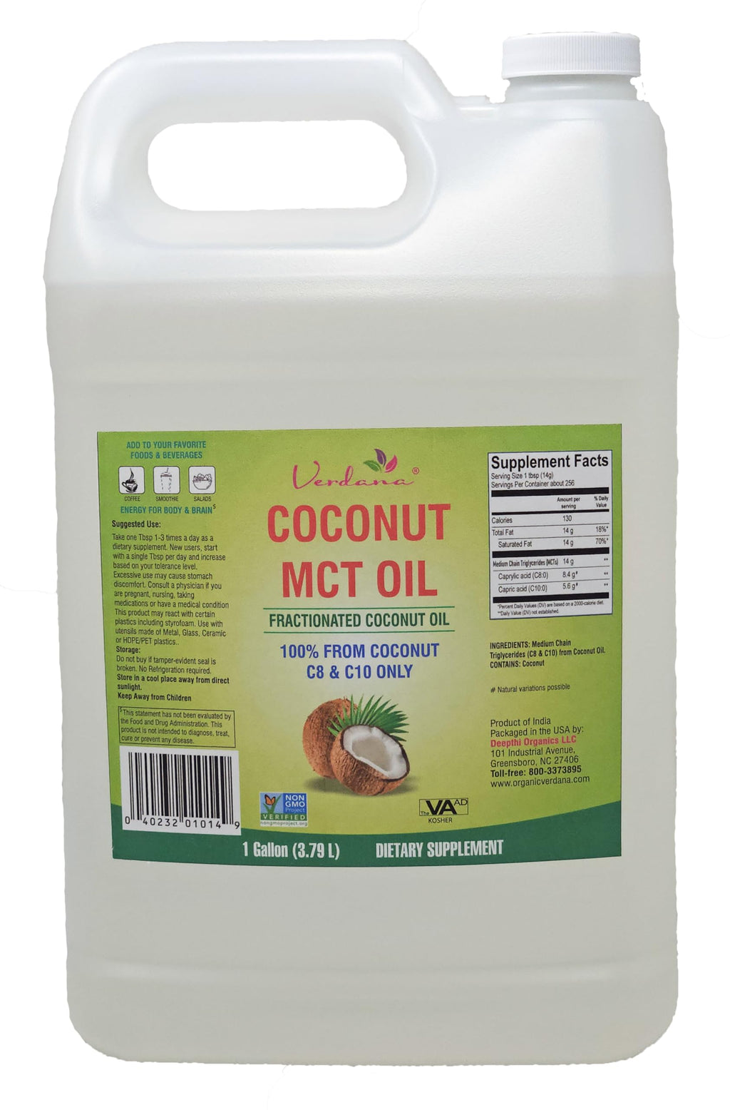 Verdana MCT Oil – 100% Coconut-Derived, 1 Gal | Kosher, Vegan, Non-GMO