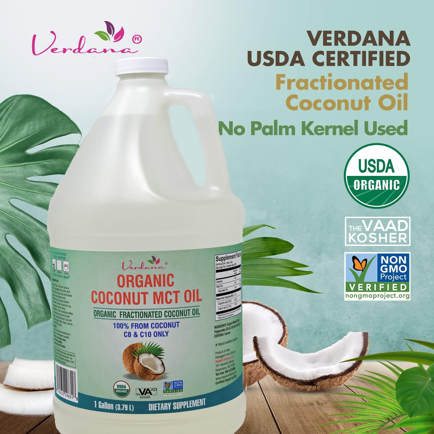 Verdana USDA Certified Organic Coconut MCT Oil – Fractionated Coconut Oil, No Palm Kernel Used, Kosher, Non-GMO, Food Grade – 1 Gallon