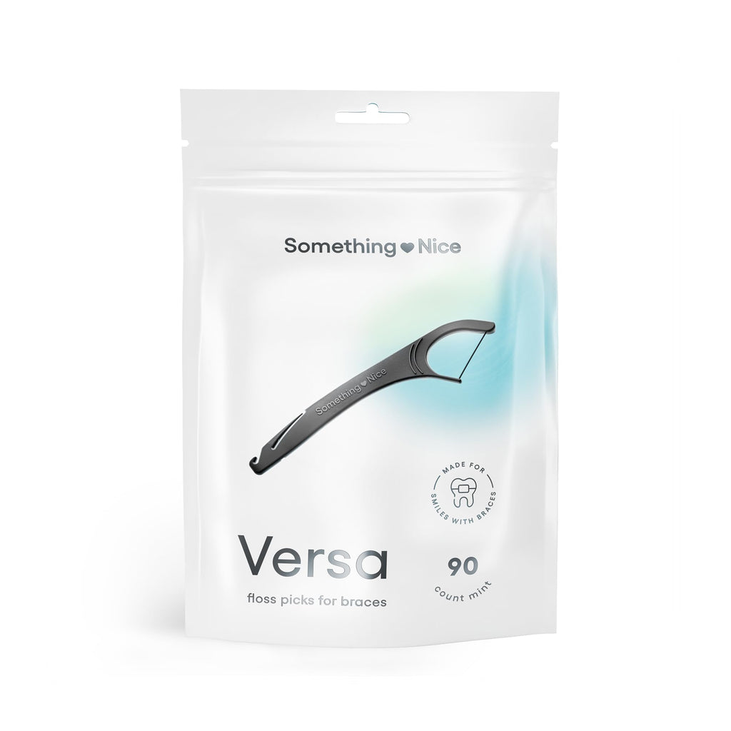 SOMETHING NICE Versa Braces Floss Picks – Mint Flavor, Xylitol, Rubber Band Hook (90-Pack)