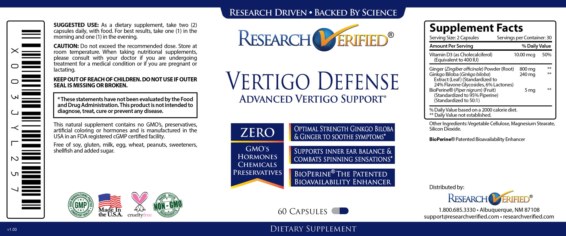 Research Verified Vertigo Defense - Vitamin D3, Ginger & Ginkgo Biloba | 60 Capsules